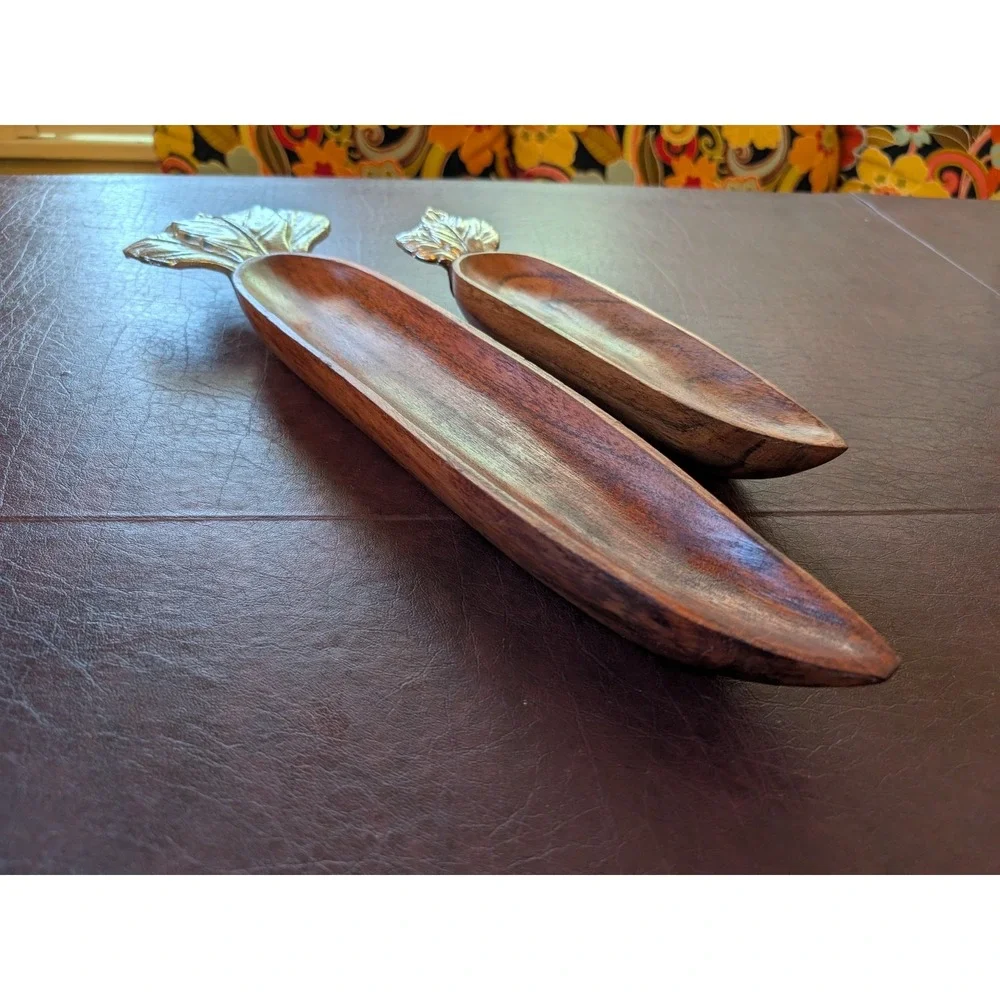2x Hand Carved in India Wooden and Pewter Stacking Carrots Serving Tray (Pier 1)